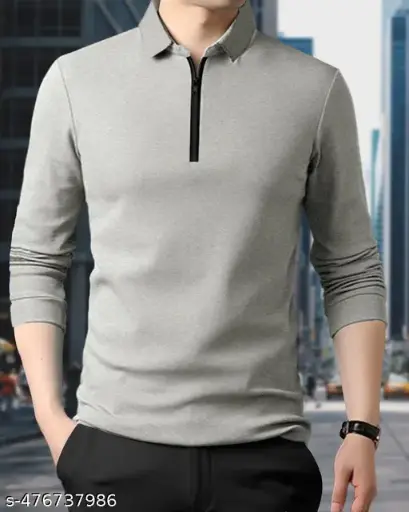 GREY T SHIRT REGULAR FIT HENLEY NECK FULL SLEEVE FOR MEN | COTTON BLEND